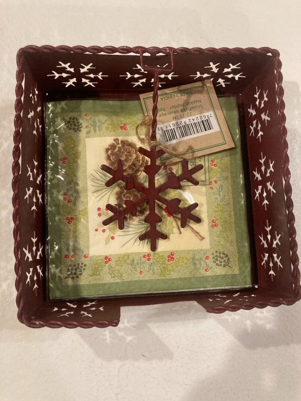 Handcrafted, Snowflake Beverage Napkin Holder, Red
